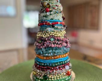 Gemstone Tabletop Christmas Tree - Boho Holiday Decor, 11"