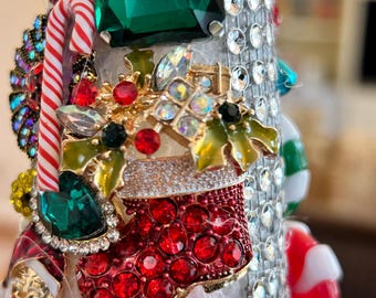 Bejeweled 15" Tabletop Christmas Tree, Red Green Gold Holiday Decor