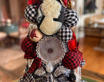 Buffalo Plaid Rhinestone Christmas Tree with Cameos (11")
