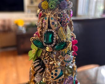 Jeweled Garden Christmas Tree, Rhinestone Enamel Flowers Bugs, 12" Table Decor