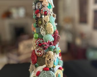 Asian Jeweled Tree, Faux Jade and Cinnabar, 14.5" Teak Base