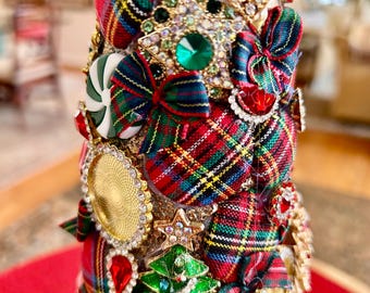 Rare table top bejeweled and Scottish tartan fabric Christmas tree for your home. 14"