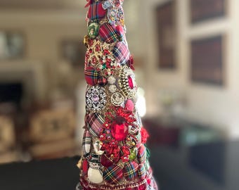 Tartan Plaid Tabletop Christmas Tree, Gem & Rhinestone Decor