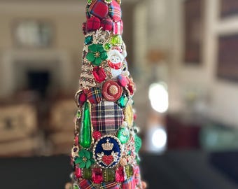 Scottish Tartan Holiday Tree, Glitzy Table Decor, Rare Find
