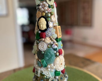 Vintage Jeweled Holiday Tree, Jade Ivory Cinnabar Mahjong Tiles, Asian Inspired Decor