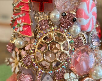 Pink Rhinestone Christmas Tree, Whimsical Tabletop Decoration, 10"