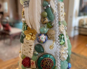 Asian Inspired Jeweled Holiday Tree, Jade, Bone, Mahjong Tiles, 15" Decoration