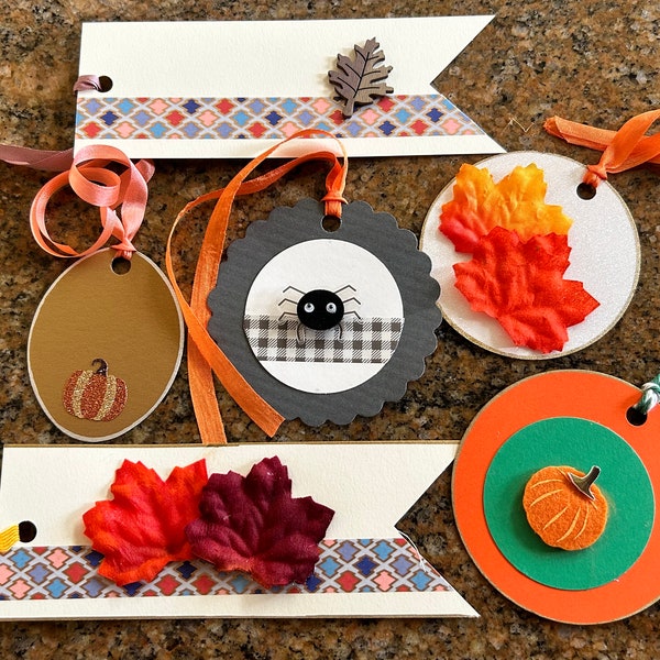 An autumn collection of gift tags - all shapes and sizes...pumpkins, fall leaves and spiders! Set of 6.