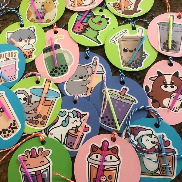 Uncommon playful Boba Tea gift tags! The cutest characters & their Boba tea adorn these very playfull gift tags with real straws! Set of 12.