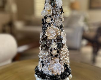 Black White Silver Rhinestone Christmas Tree Decor, 13 inch Vintage Xmas Tree