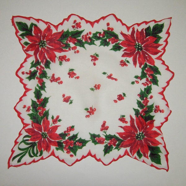 Vintage Christmas Hankie, Poinsettia And Holly, Reserved For Melanie