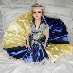 Vintage Bed Boudoir Doll, Blonde Hair, Yellow And Blue Dress