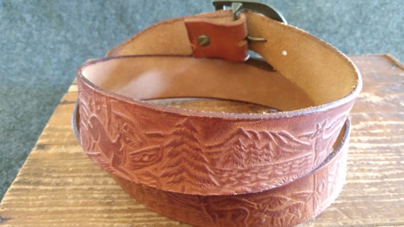 Tooled Western Leather Belt with Deer - image 3