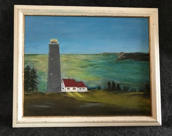 Folk art lighthouse original painting signed