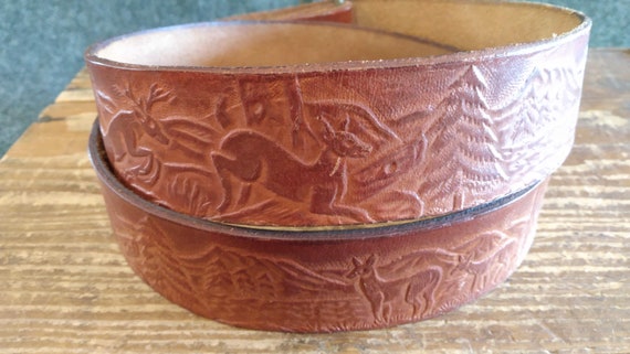 Tooled Western Leather Belt with Deer - image 2