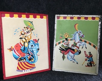 Vintage paint-by-number circus paintings