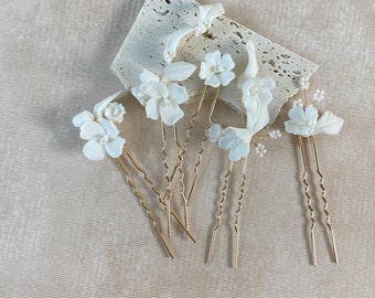 Wedding Ceramic Flower Hairpins 5pcs, Bridal Headpiece, Bridesmaid Hair Accessories