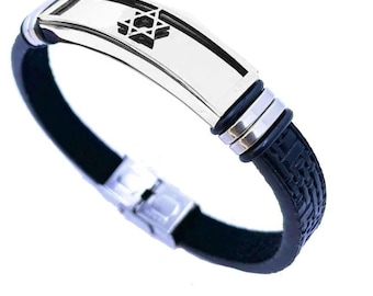 Men's Star of David Bracelet, Stainless Steel, Black Leather, Jewish Magen David Jewelry