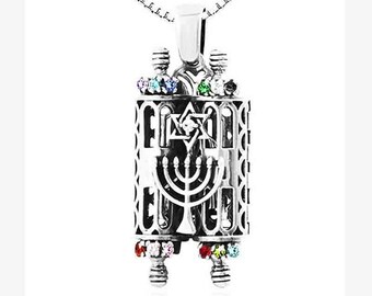 925 Silver Torah Scroll Pendant with Star of David & Menorah, Mezuzah Necklace with Open Doors, Jewish Gift, Hebrew Faith Jewelry