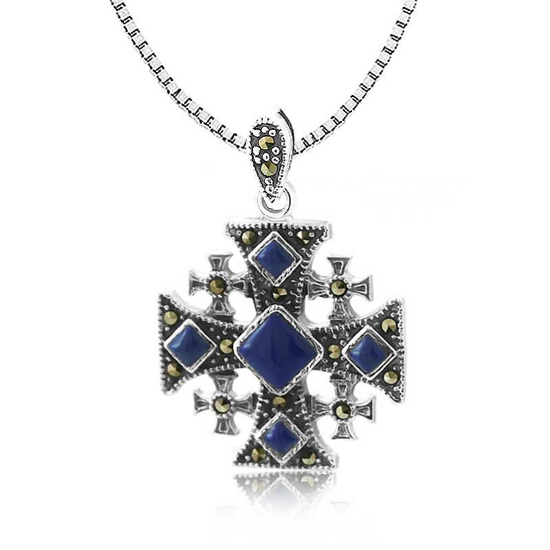 Silver 925 jerusalem Cross Necklace Set With Natural Lapis Stone, Jerusalem Cross Pendant Etsy
