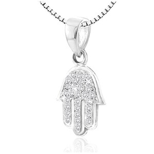 925 Sterling Silver Hamsa Pendant with Rhodium plating  set with white crystal, Hamsa Hand Necklace