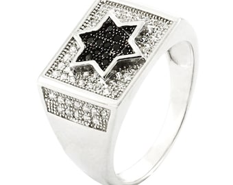 Sterling Silver Star of David Ring Set with black and white crystal rhodium plating,  Magen David Ring