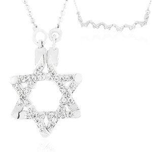 Sterling silver Star Of David Butterfly Necklace with Rhodium Plating set with white crystal, Magen David Necklace