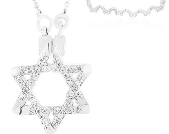 Sterling silver Star Of David Butterfly Necklace with Rhodium Plating set with white crystal, Magen David Necklace