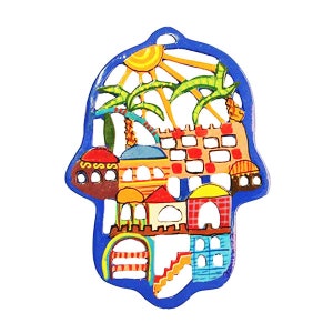 Metal laser cut colorful Hamsa Wall Hanging with hand-painted "Jerusalem City", Home Blessing Hamsa wall hanging decor