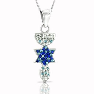 Silver 925 Menorah ,Star of David , Fish pendant set with color crystal, Menorah fish pendant