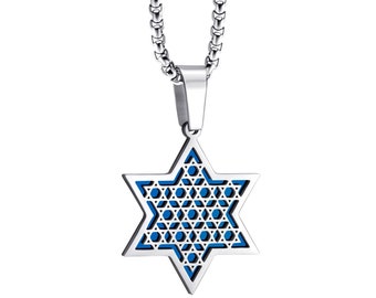 Blue Star of David Pendant Necklace, Stainless Steel Chain