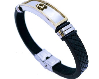 Gold plated Stainless Steel Star Of David with Synthetic Leather Band. (21 cm), Magen David Bracelet