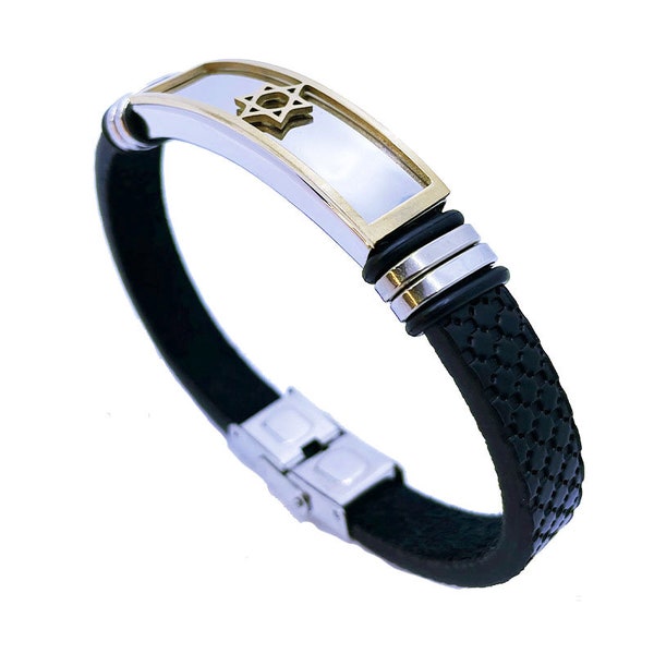 Gold plated Stainless Steel Star Of David with Synthetic Leather Band. (21 cm), Magen David Bracelet