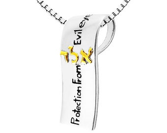 May include: Silver necklace with a pendant that says "Protection From Evil Eye" in English and Hebrew. The pendant is a silver rectangle with a rounded top and bottom. The Hebrew letters are in gold.