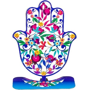Metal Hamsa stand with pomegranates and flowers, Hamsa  with pomegranates Sculpture, Jewish Home Blessing