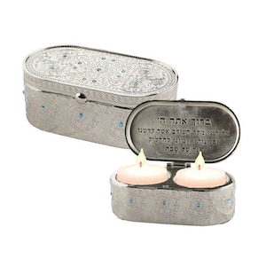 Filigree Candlesticks Travel Box Size (4x9cm)  set with blue crystal,  Modern Shabbat Candlestick