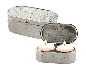 Filigree Candlesticks Travel Box Size (4x9cm)  set with blue crystal,  Modern Shabbat Candlestick