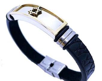 Men's bracelet "Star of David" (21-22 cm) gold-plated with black leather straps, Jewish Magen David bracelet