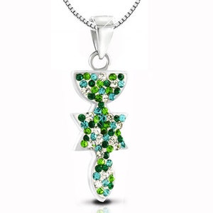 925 Sterling Silver &quot;Manora, Star of David Fish&quot; pendant (25*10 mm) Set With white, green crystals, David Star Menorah Fish Pendant
