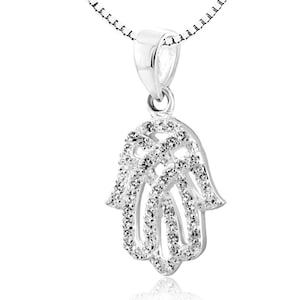 925 Sterling Silver Hamsa Pendant with Rhodium plating  set with white crystal, Hamsa Hand necklace
