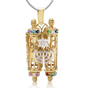 Silver 925 Torah Scroll Pendant with colorful crystals, 2 Tone 14K Gold plate Torah necklace, Jewish Torah with Star of David Pendant