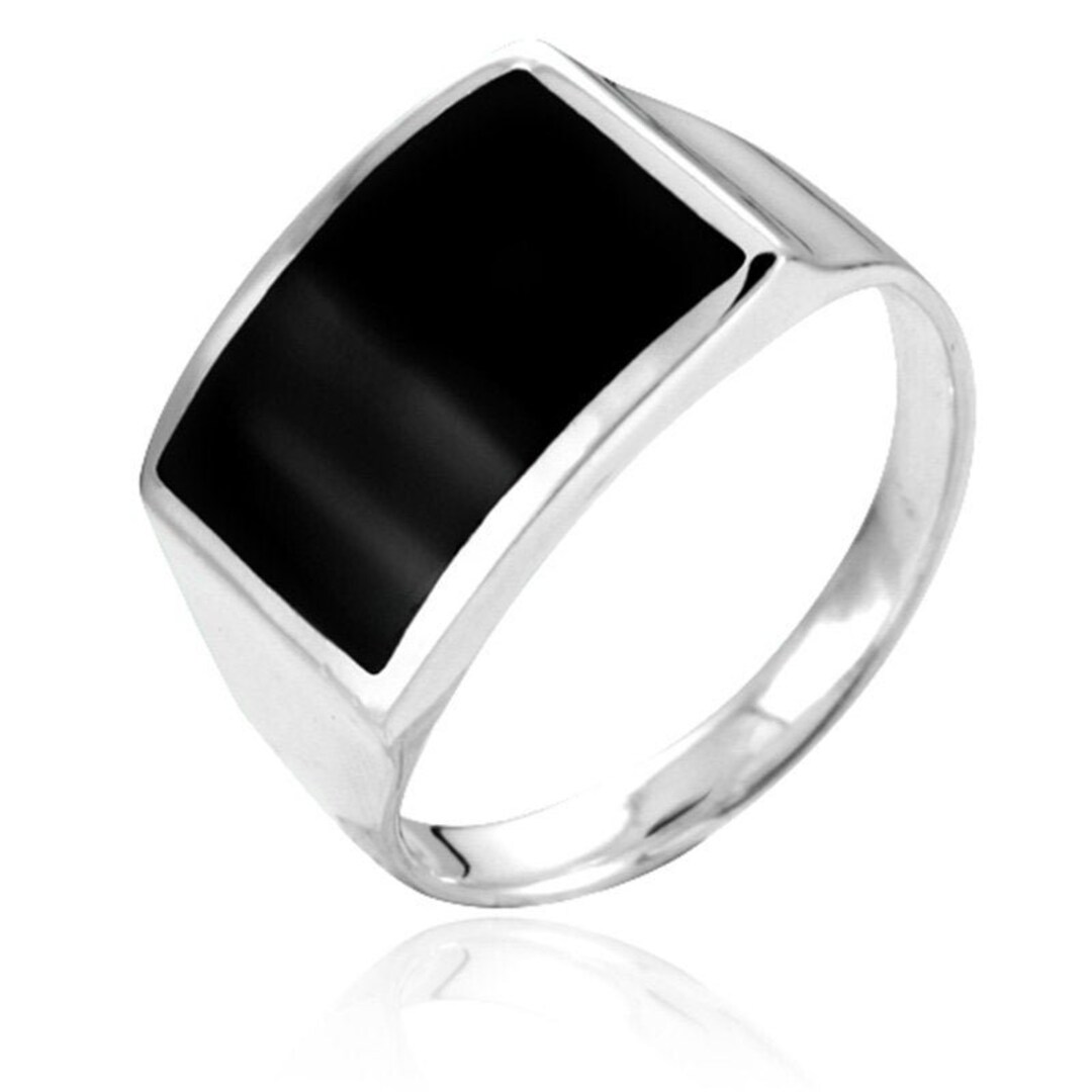925 Sterling Silver Rectangular Black Onyx Ring, Mens Black Onyx