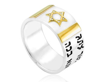 Sterling Silver 925 Jewish "Holy Letters" Ring. With 14K Gold Plating on Star of David, Magen David Ring