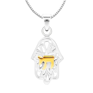 A Classic 925 Sterling Silver&quot;Hamsa&quot; Pendant with Hebrew &quot;alive&quot; with 14k gold plating, Hamsa Hand Necklace
