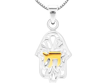 A Classic 925 Sterling Silver"Hamsa" Pendant with Hebrew "alive" with 14k gold plating, Hamsa Hand Necklace