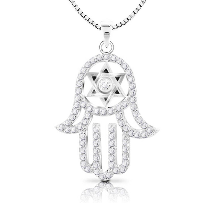 925 Sterling Silver large Hamsa Pendant with Star Of David Set with white crystal Come/'s With 18 Silver Box Chain Free/&Fast DHL Shipping!