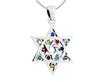 925 Sterling Silver Star of David Hoshen Pendant Set with 12 Crystal Color.Come's With an 18" Silver Box Chain. Free&Fast DHL Shipping!