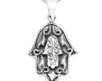 Sterling Silver Filigree Hamsa Hand Pendant Necklace