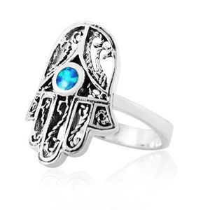 925 Sterling Silver Filigree “Hamsa” Ring Set with Opal stone, Hamsa hand ring set with opal