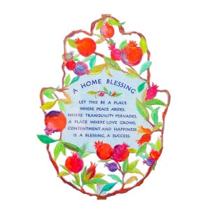 Metal Hamsa  Home Blessing with Pomegranates Design, Hand Painted Hamsa Wall Hanging